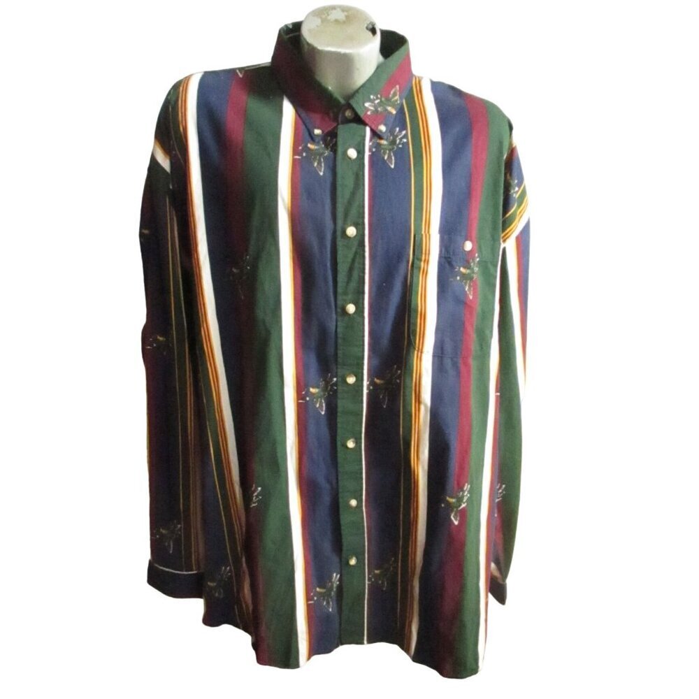 Vintage Men's Pheasant Print Shirt 2XLT 1990's North Crest Oxford Collar Striped